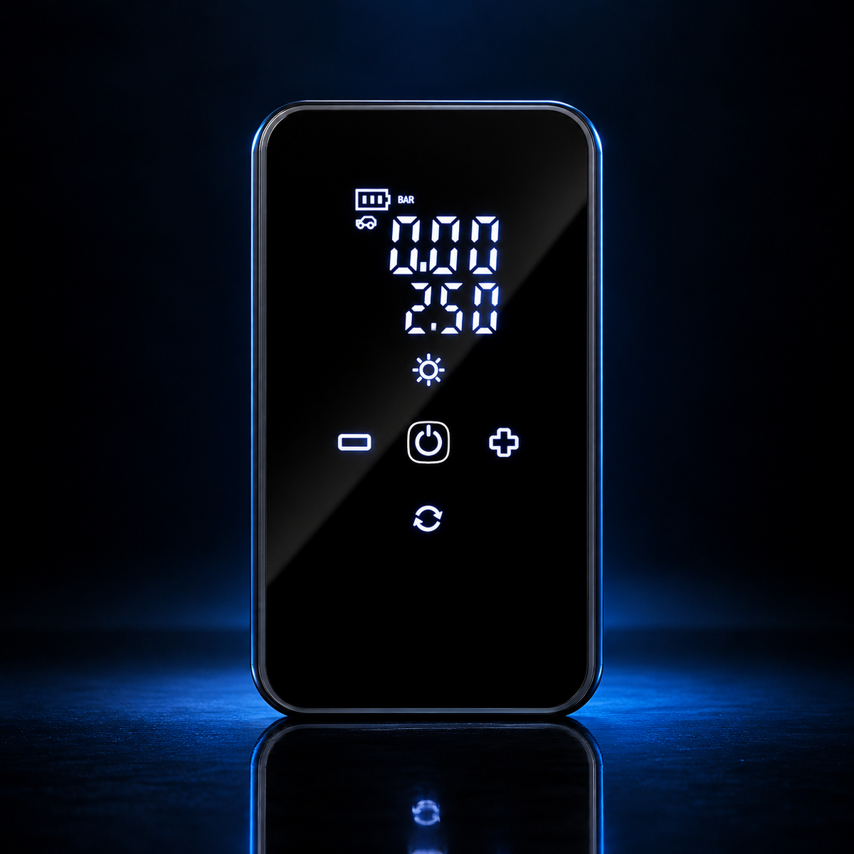 Inflador de neumáticos portátil con la pantalla digital encendida